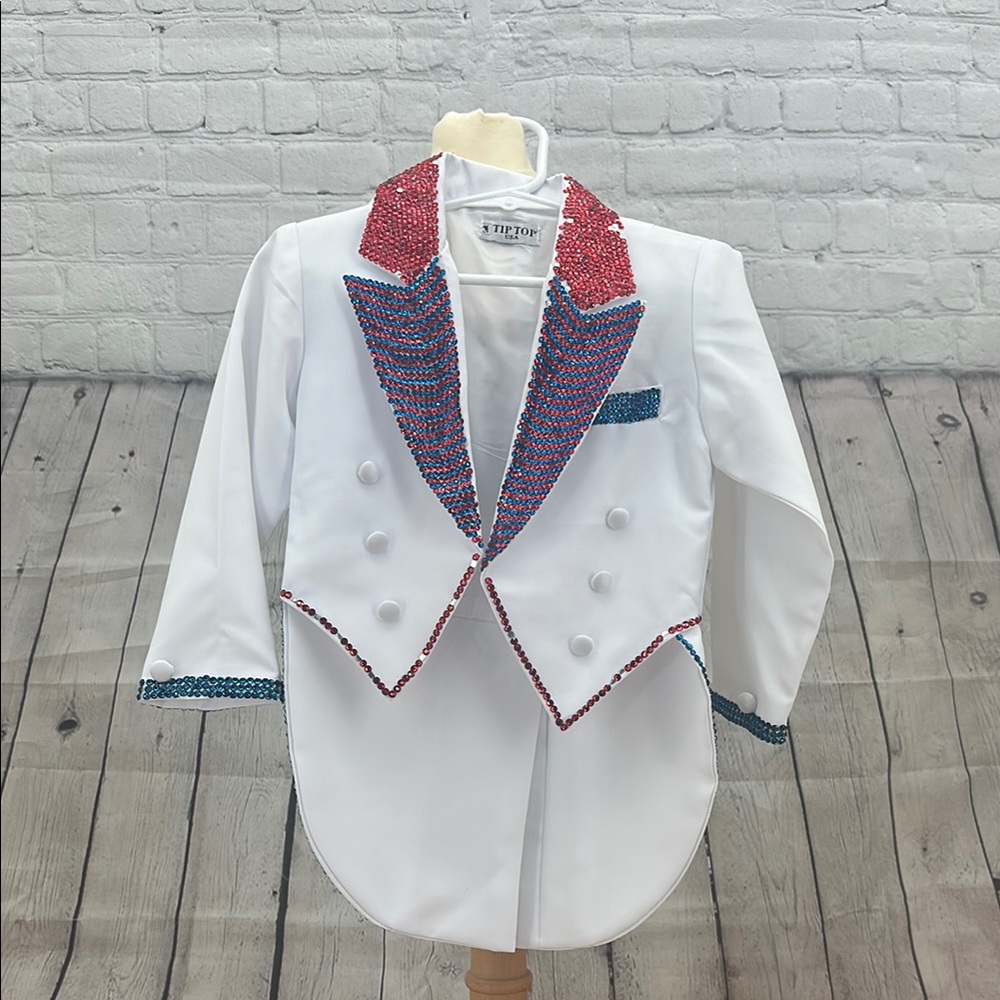 Custom Tuxedo set Boys White red and blue stones